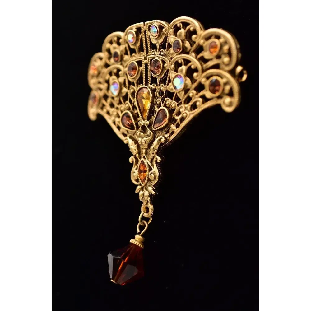 1928 Vintage Brooch Pin Fan Amber Dangle Rhinestone Crystal Gold Tone 80s BinBG